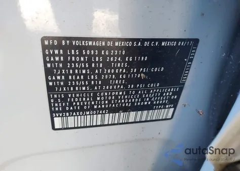 2018 Volkswagen Tiguan 2.0T Se/2.0T Sel из США, поврежденный, VIN 3VV2B7AX0JM007442